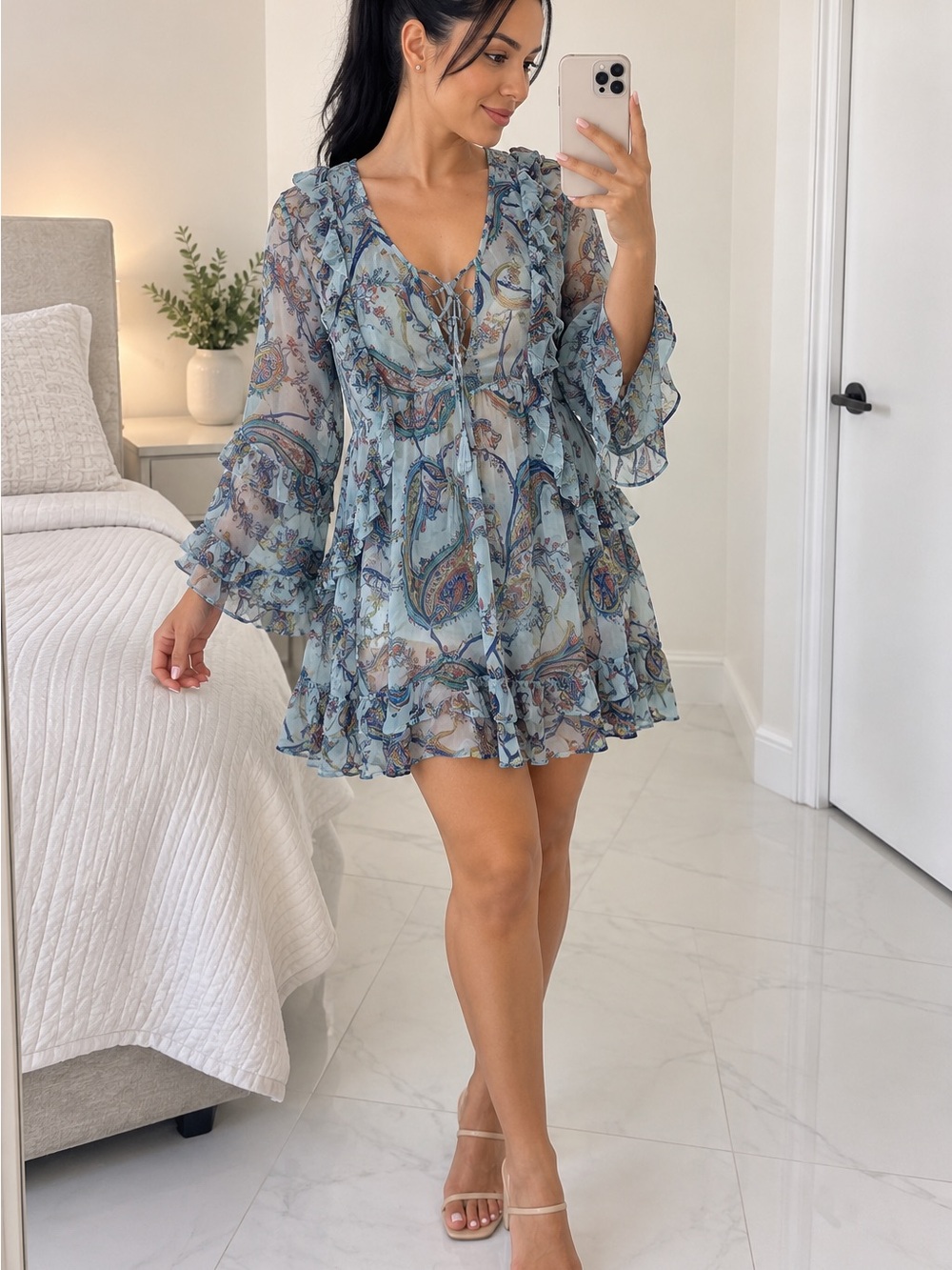 Paisley Ruffle Sheer Mini Dress by Anthropologie XS